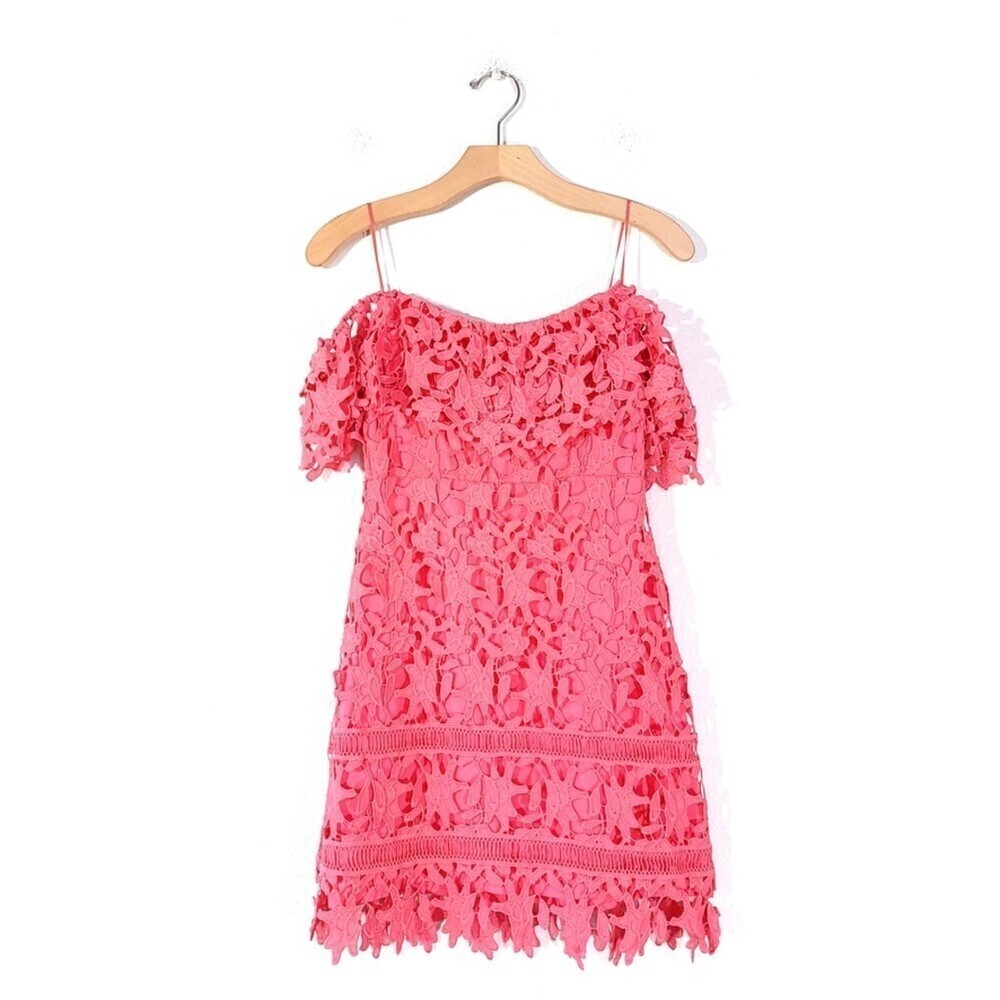 NEW Astr the Label Guipure Lace Ruffled Off Shoulder Mini Dress Romantic Pink XS